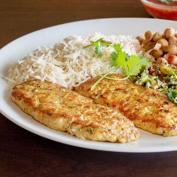 Two grilled chicken patties with rice, chickpeas, and a side salad on a white plate.